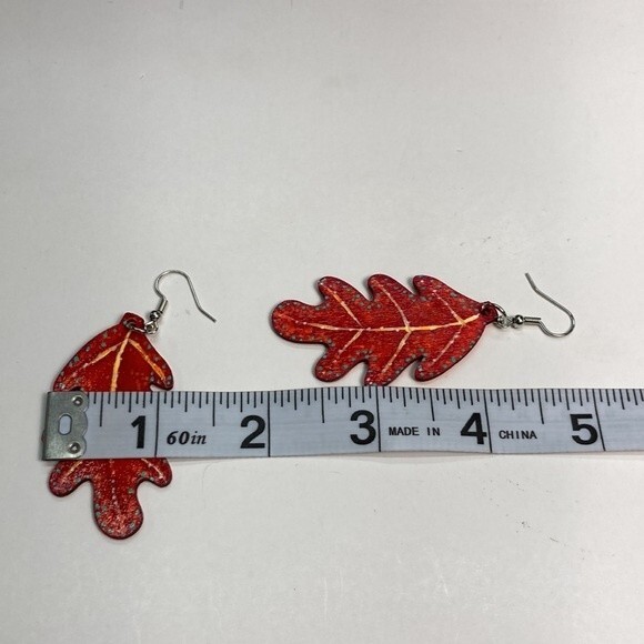 Hand Painted Fall Wooden Leaf Earrings Handmade Orange Fish Hook Autumn Witchy - Picture 5 of 5